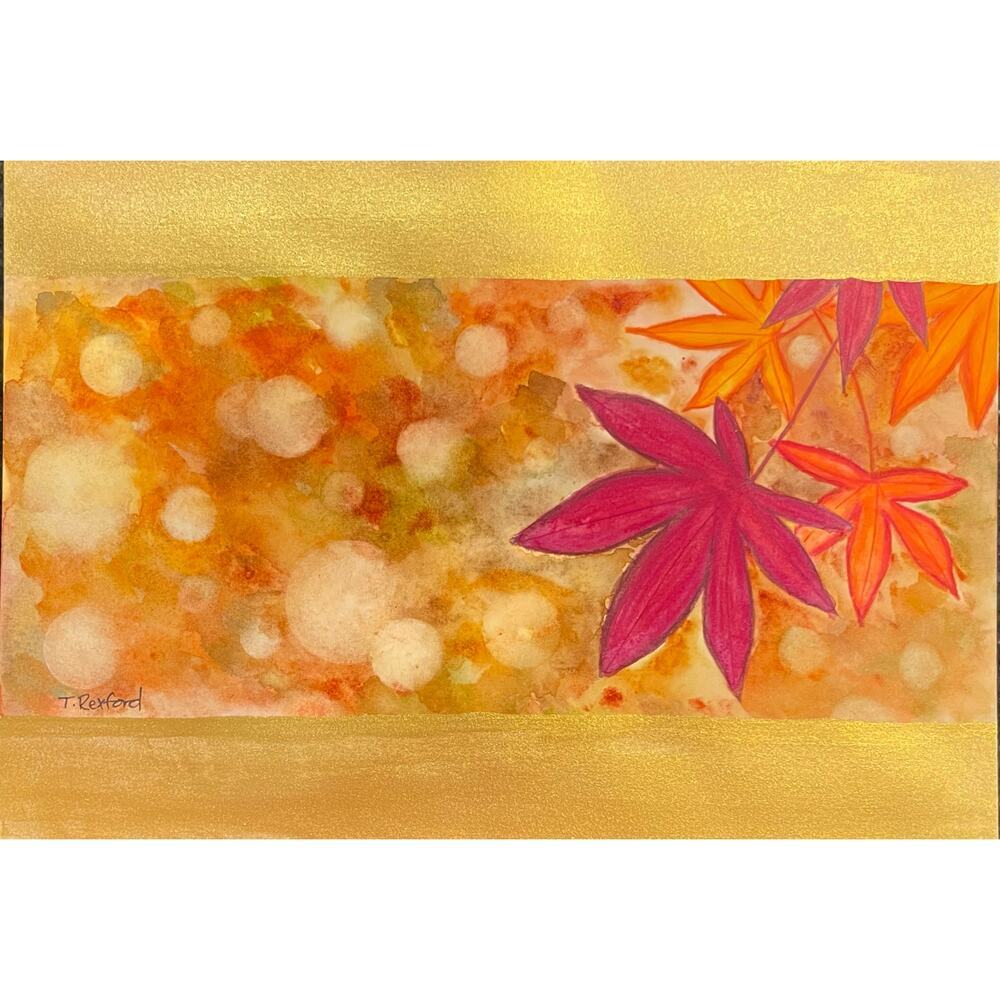 Hand painted watercolor original painting maple leaves bokeh gold